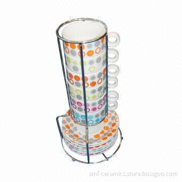 120cc Porcelain Cups and Saucers with Iron Stand Pack, Dishwasher- and Microwave-safe
